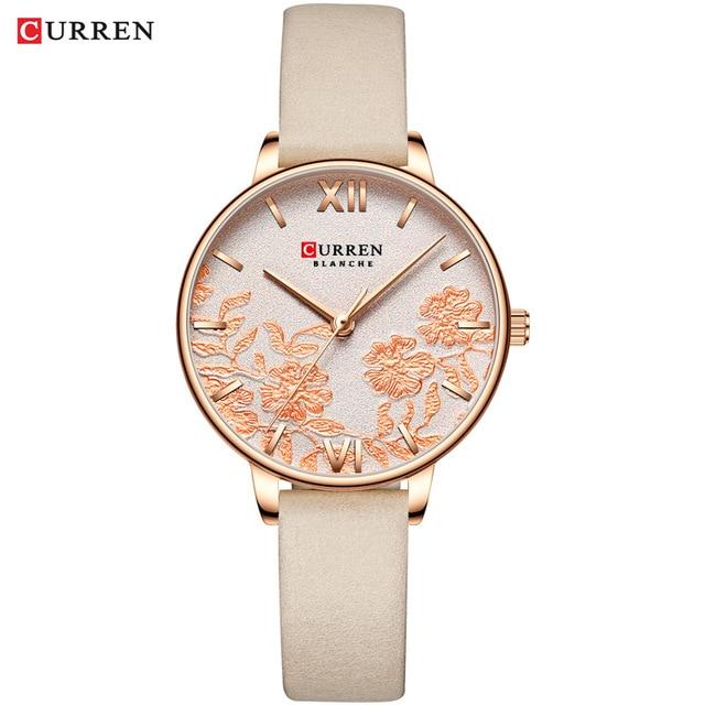 Womens Elegant Waterproof Clock With Decoupage Flower Details In Variant With Leather And Stainless Steel Knitted Belts