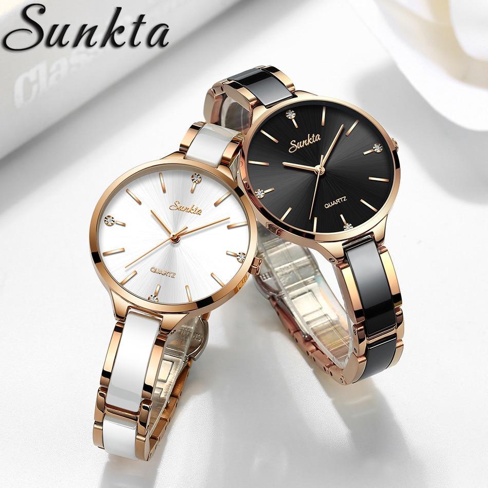 Women's Waterproof Modern Wrist Watch With Ceramic Bracelet And Shining Background Decorated With Zircons