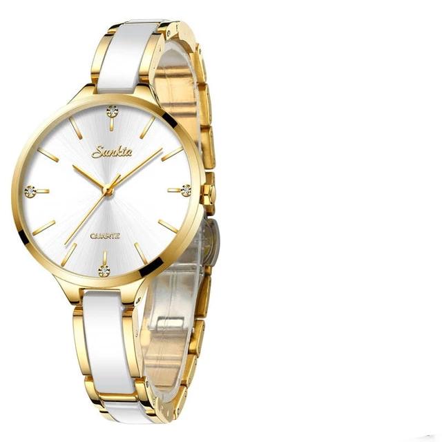 Women's Waterproof Modern Wrist Watch With Ceramic Bracelet And Shining Background Decorated With Zircons