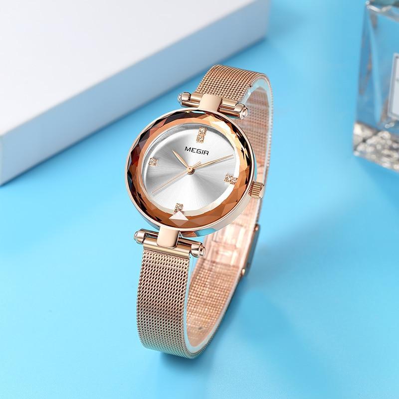 Top Luxury Women Watches Rose Gold Analog Watch Fashion Shine Round Design Elegant Stainless Strap Wrist Watch