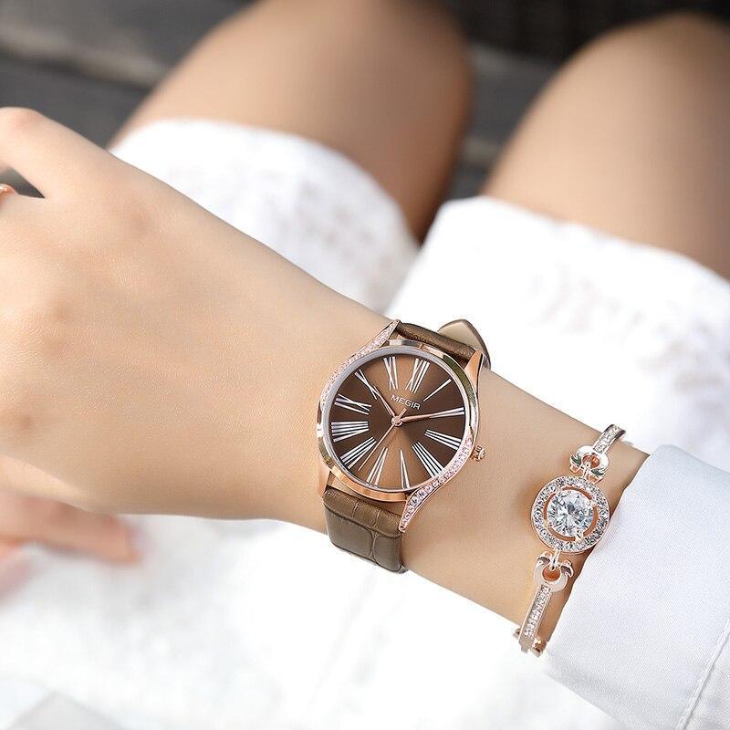 Elegant Brown Women Watches Luxury Round Design Waterproof Leather Strap Wrist Watch