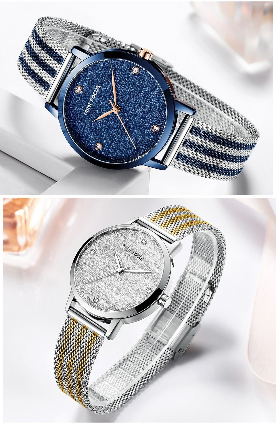 New Women Fashion Watches Luxury Quartz Waterproof Wrist Watch Gold Stainless Steel Mesh Elegant Design For Women