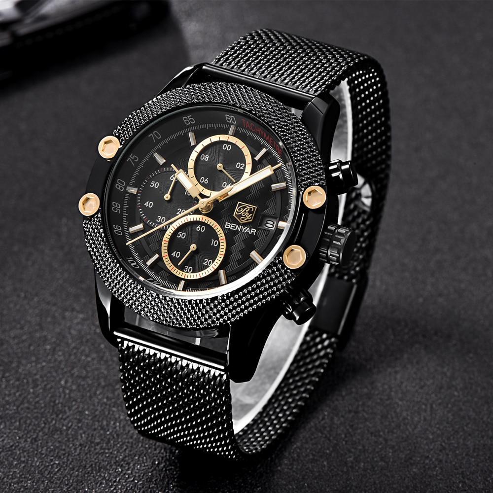 Sport Chronograph Fashion Luxury Men Watches Mesh & Rubber Band Waterproof Quartz Gold Watch For Men