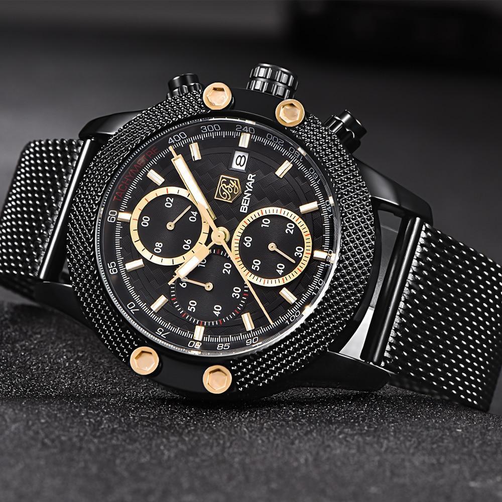 Sport Chronograph Fashion Luxury Men Watches Mesh & Rubber Band Waterproof Quartz Gold Watch For Men