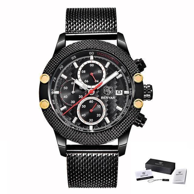 Sport Chronograph Fashion Luxury Men Watches Mesh & Rubber Band Waterproof Quartz Gold Watch For Men