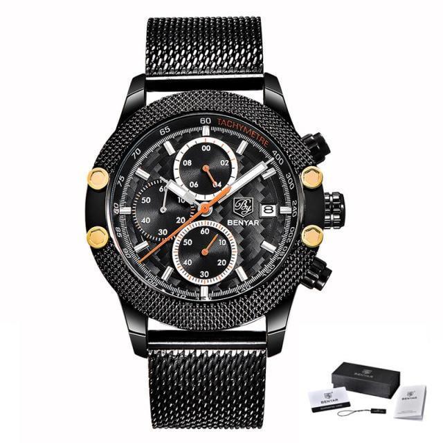 Sport Chronograph Fashion Luxury Men Watches Mesh & Rubber Band Waterproof Quartz Gold Watch For Men