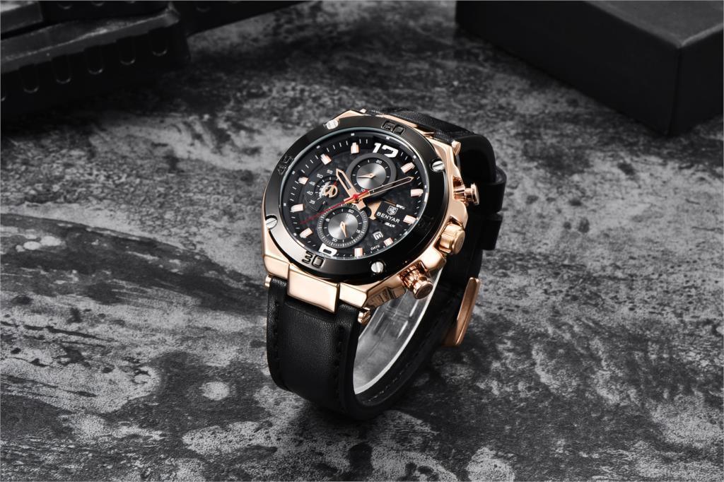 Multifunction Luxury 2021 Men's Watch Quartz Genuine Leather Strap Sport Chronograph Waterproof Men Wrist Watch