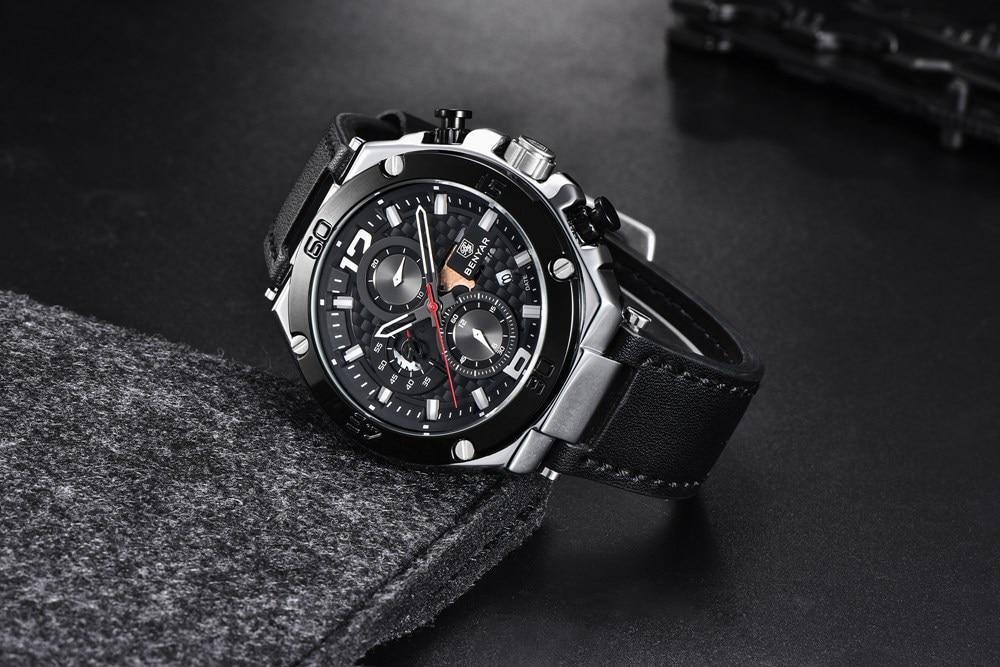 Multifunction Luxury 2021 Men's Watch Quartz Genuine Leather Strap Sport Chronograph Waterproof Men Wrist Watch