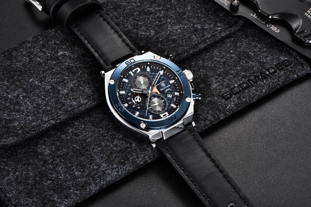 Multifunction Luxury 2021 Men's Watch Quartz Genuine Leather Strap Sport Chronograph Waterproof Men Wrist Watch