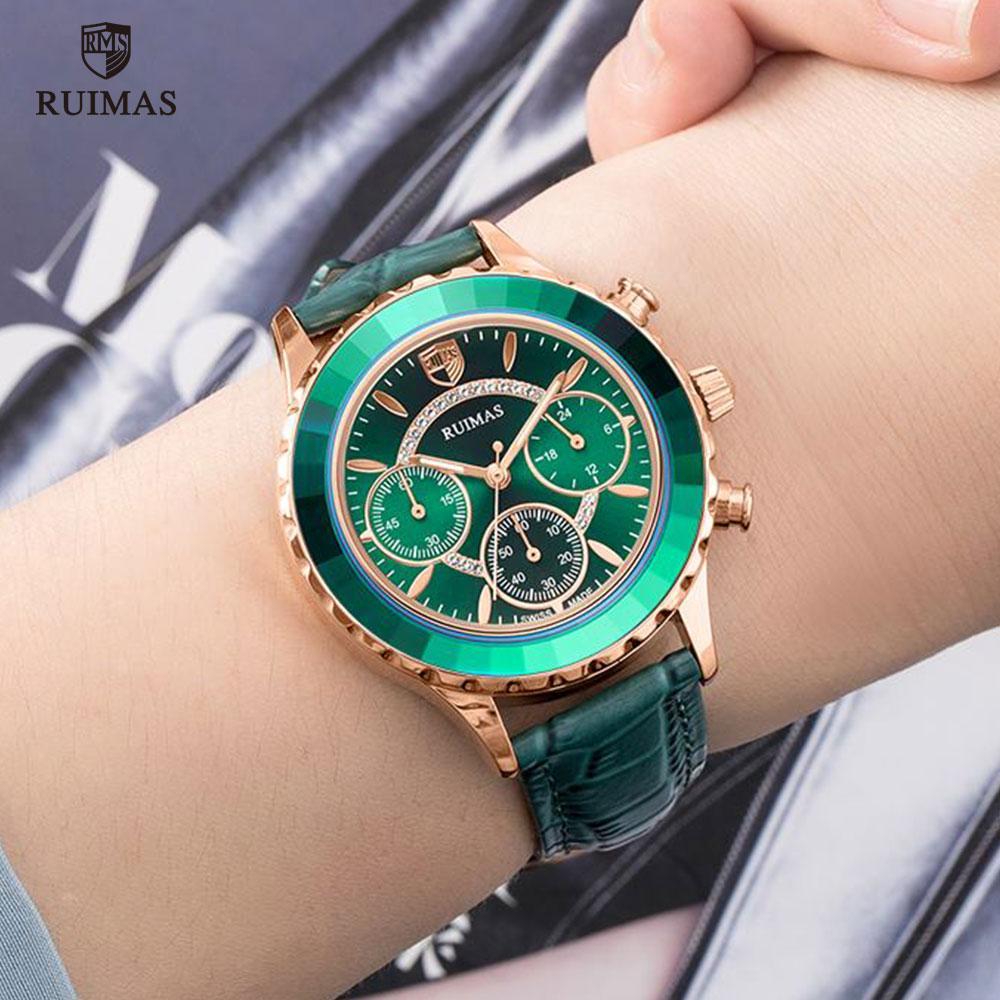 Luxury Green Business Women Watches Quartz Fashion Leather Strap Waterproof Multifunctional Wristwatch For Women