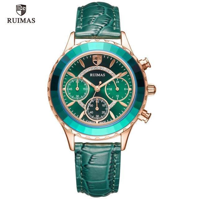 Luxury Green Business Women Watches Quartz Fashion Leather Strap Waterproof Multifunctional Wristwatch For Women