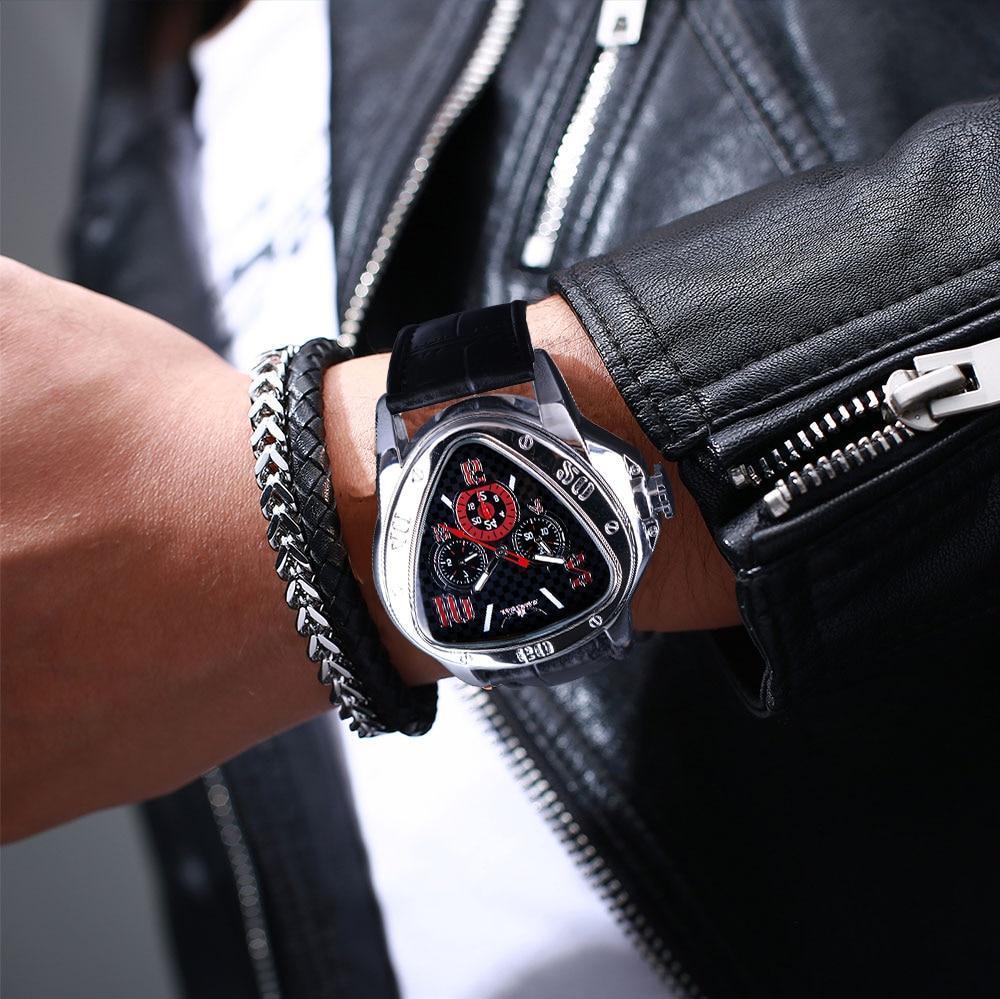 Elegant Sport Triangle Mens Watch Luxury Racing Modern Design Black Classic Leather Strap Wrist Watch For Men