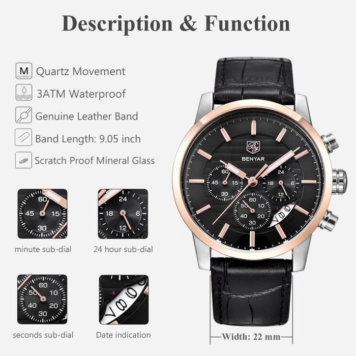 New Luxury Men Watches Chronograph Sports Watches Waterproof Casual Sport Leather Strap Quartz Men's Wrist Watch