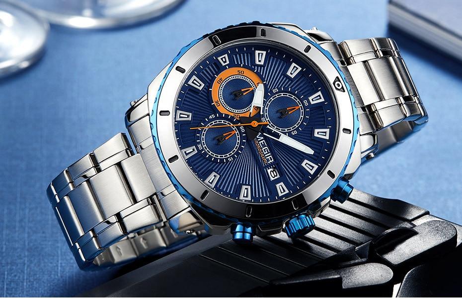 Luxury Men's Business Quartz Watches Blue Fashion Chronograph Elegant Stainless Steel Wristwatches For Man