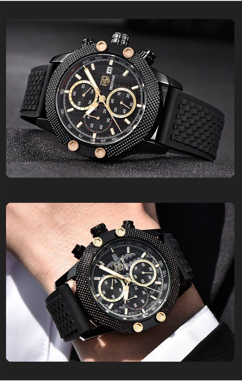 Sport Chronograph Fashion Luxury Men Watches Mesh & Rubber Band Waterproof Quartz Gold Watch For Men