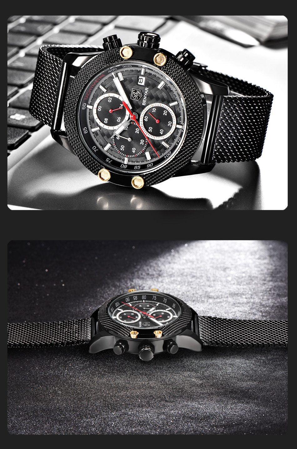 Sport Chronograph Fashion Luxury Men Watches Mesh & Rubber Band Waterproof Quartz Gold Watch For Men