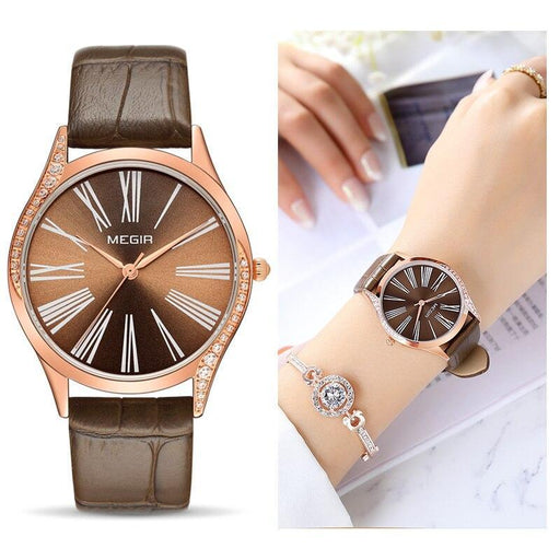 Elegant Brown Women Watches Luxury Round Design Waterproof Leather Strap Wrist Watch