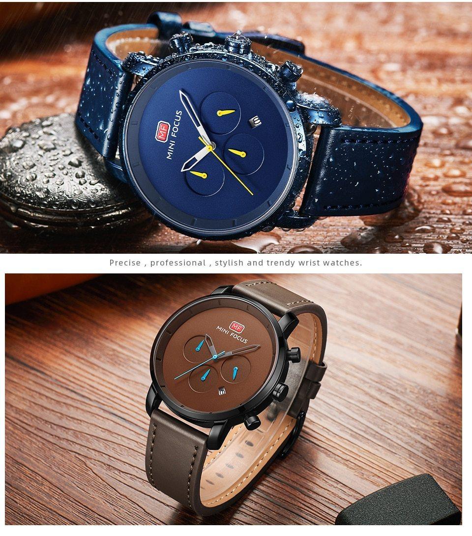 Fashion Multifunctional Mens Watches Sport Quartz Round Analog Watches Modern Leather Strap Design