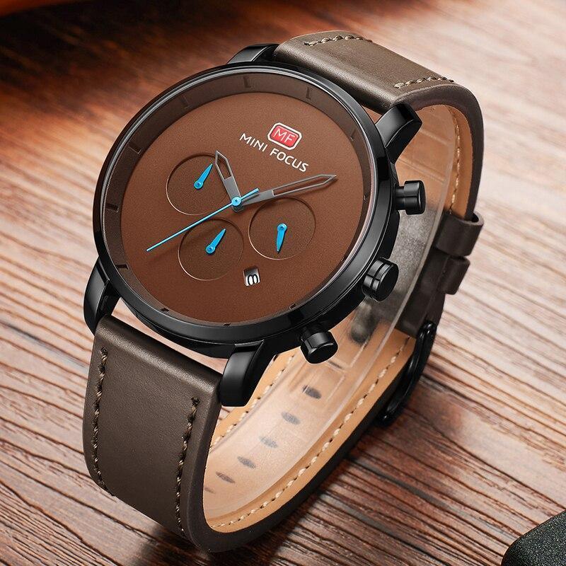 Fashion Multifunctional Mens Watches Sport Quartz Round Analog Watches Modern Leather Strap Design