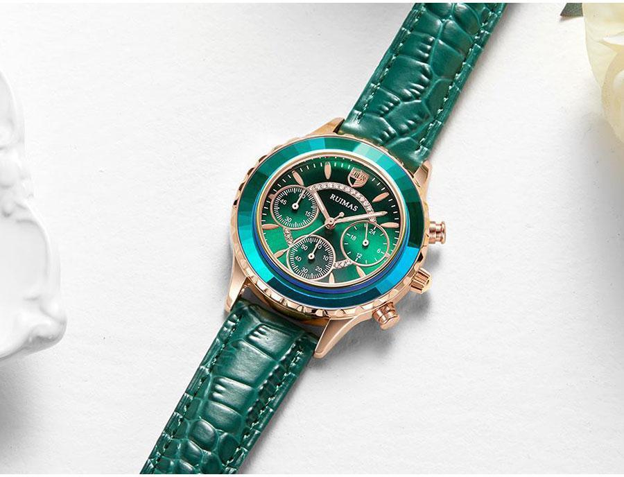 Luxury Green Business Women Watches Quartz Fashion Leather Strap Waterproof Multifunctional Wristwatch For Women