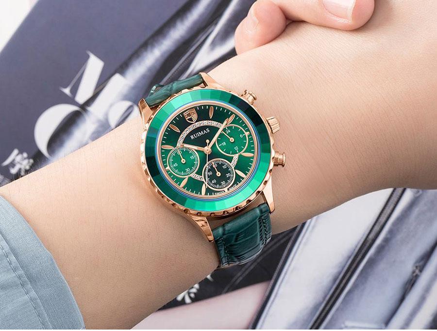 Luxury Green Business Women Watches Quartz Fashion Leather Strap Waterproof Multifunctional Wristwatch For Women