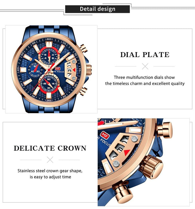 Sport Multifunctional Luxury Mens Watch Quartz Waterproof Colorful Analog Wristwatch Elegant Stainless Steel Design