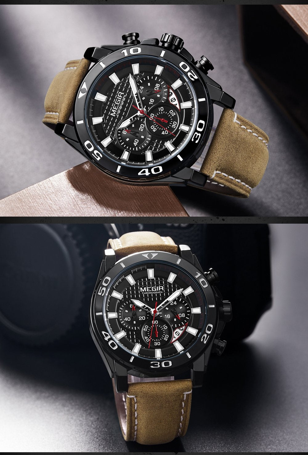 Men's Sports Multifunctional Quartz Watches Elegant Leather Strap Waterproof Modern Wristwatch For Men