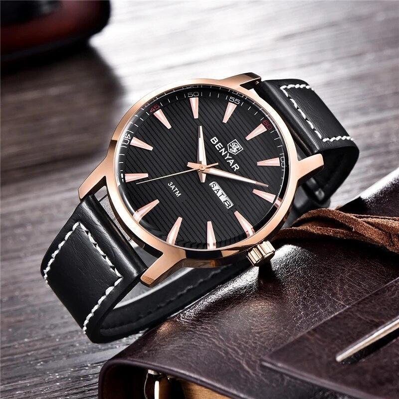 New Black Casual Fashion Simple Men's Watch Analog Quartz Waterproof Luxury Leather Strap Men Elegant Watch