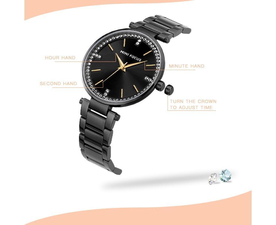 Luxury Crystal Fashion Womens Watch Quartz Analog Waterproof Elegant Stainless Steel Strap Wrist Watch For Women