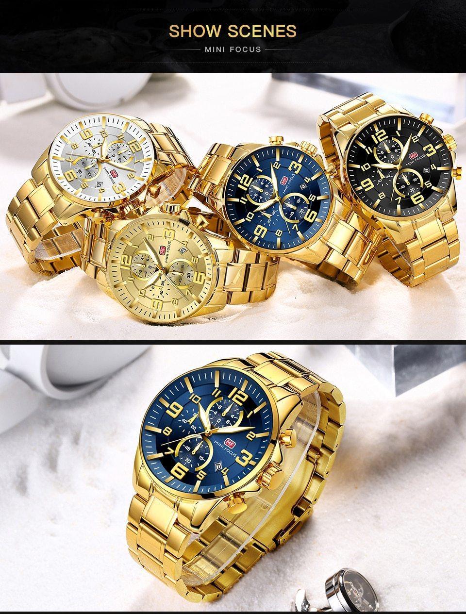 Luxury Gold Mens Watches Elegant Stainsteel Steel Strap Waterproof Sport Analog Quartz Luminous Hands Watch