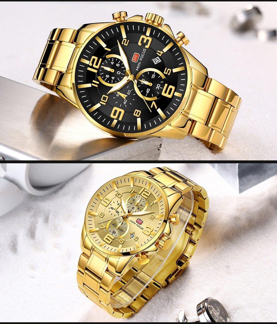 Luxury Gold Mens Watches Elegant Stainsteel Steel Strap Waterproof Sport Analog Quartz Luminous Hands Watch