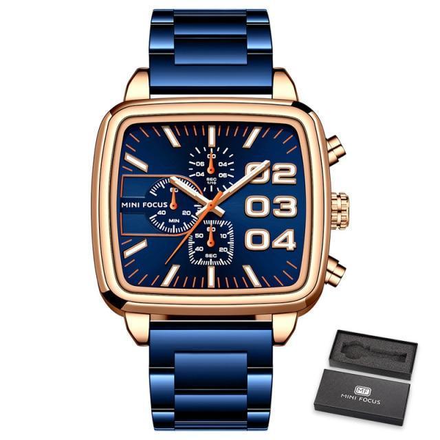 Elegant Business Square Mens Watch Multifunctional Waterproof Stainless Steel Design Big Wrist Watch