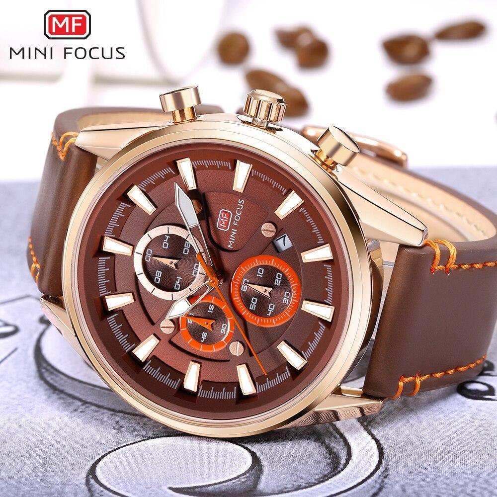 Brown Luxury Mens Watches Strong Leather Strap Modern Design Waterproof Multifunctional Business Wrist Watch