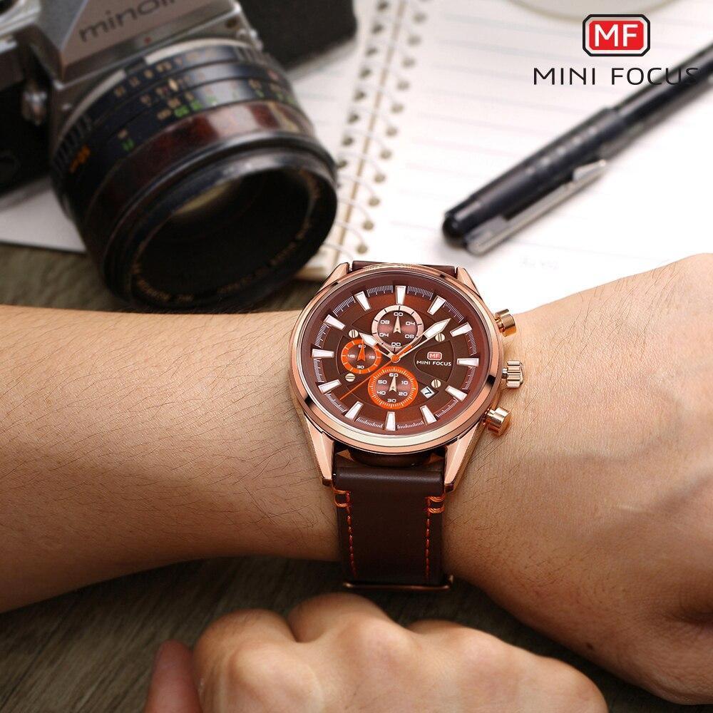 Brown Luxury Mens Watches Strong Leather Strap Modern Design Waterproof Multifunctional Business Wrist Watch