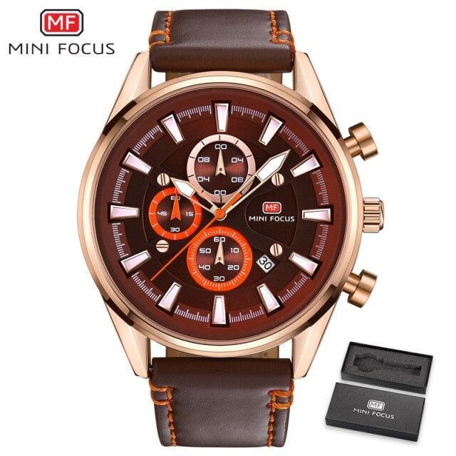 Brown Luxury Mens Watches Strong Leather Strap Modern Design Waterproof Multifunctional Business Wrist Watch