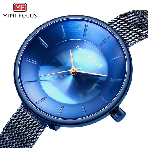 Luxury Women's Blue Watches Fashion Thin Mesh Belt Stainless Steel Quartz Waterproof Wrist Watch Elegant Design