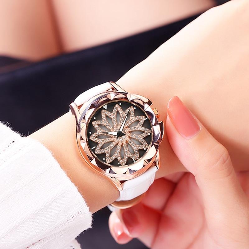 Luxury White Flower Womens Watch Analog Quartz Waterproof Wristwatches Elegant Leather Strap Modern Design