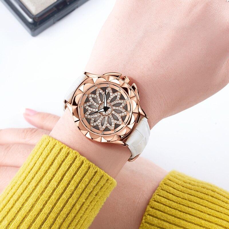 Luxury White Flower Womens Watch Analog Quartz Waterproof Wristwatches Elegant Leather Strap Modern Design