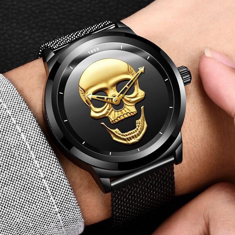 Men's Waterproof Stainless Steel Watch  3D Skull And Fluorescent Hands Unique Design Perfect Gift