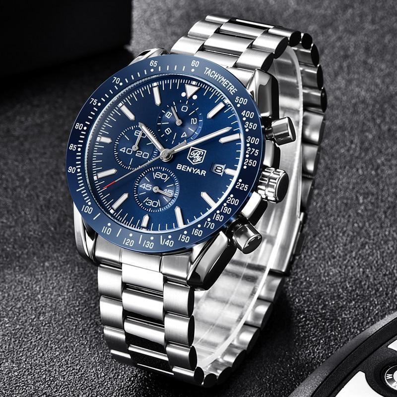 New 2021 Men Silver Blue Watch Business Analog Chronogragh Full Steel Luxury Casual Male Waterproof Sports Design Watches