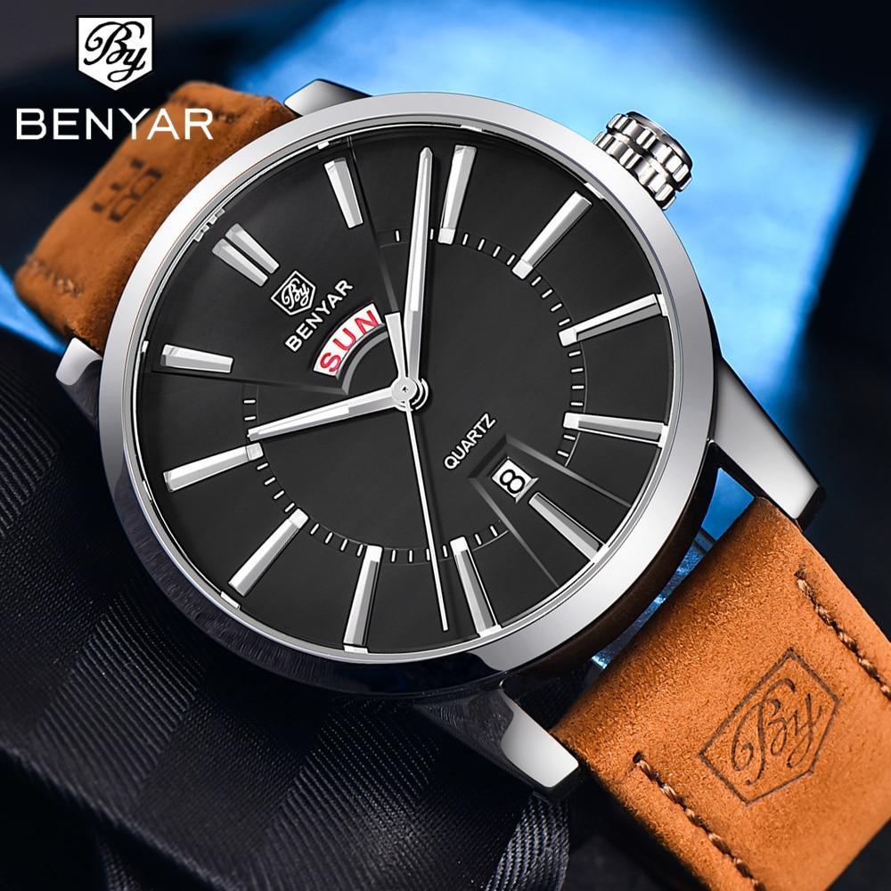 Business Fashion Men Watches Brown Luxury Military Leather Band Wristwatches  Date Week Display Watch