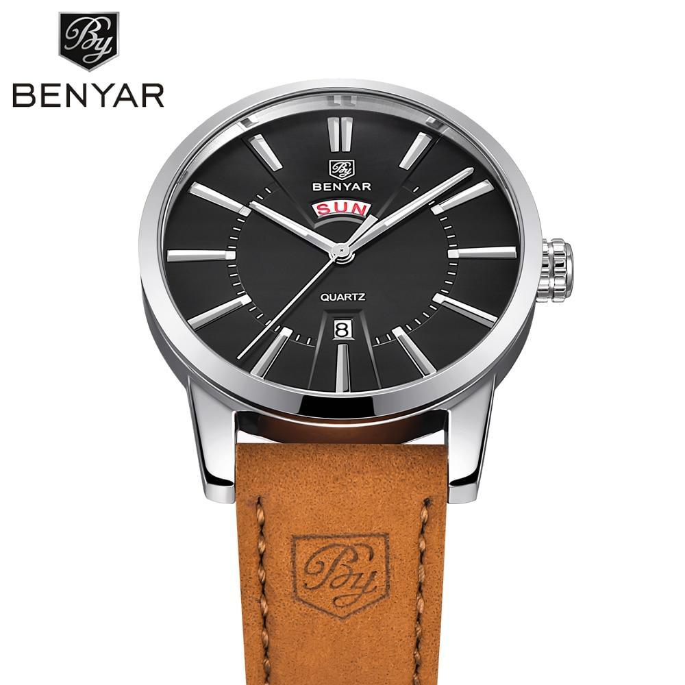 Business Fashion Men Watches Brown Luxury Military Leather Band Wristwatches  Date Week Display Watch