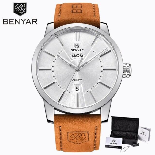 Business Fashion Men Watches Brown Luxury Military Leather Band Wristwatches  Date Week Display Watch