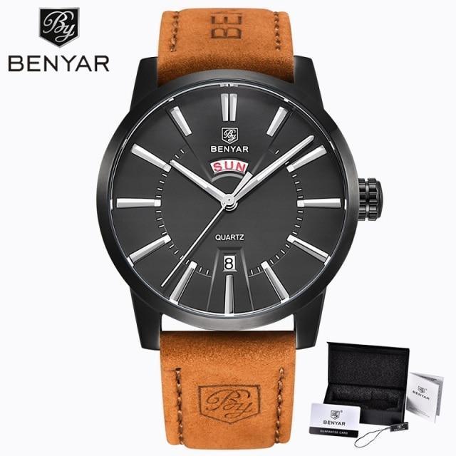 Business Fashion Men Watches Brown Luxury Military Leather Band Wristwatches  Date Week Display Watch