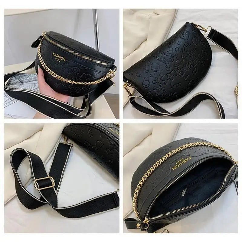 Retro Waist Bag PU Leather Fanny Pack Purse Leather with Gold Chain Strap Stylish New Design Waist Pack Women Belt Bag