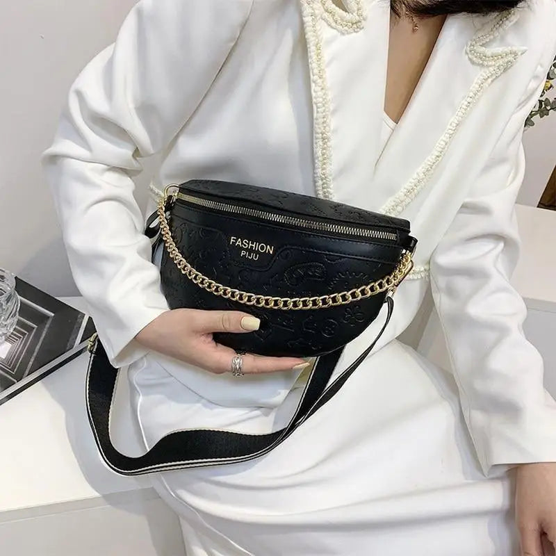 Retro Waist Bag PU Leather Fanny Pack Purse Leather with Gold Chain Strap Stylish New Design Waist Pack Women Belt Bag