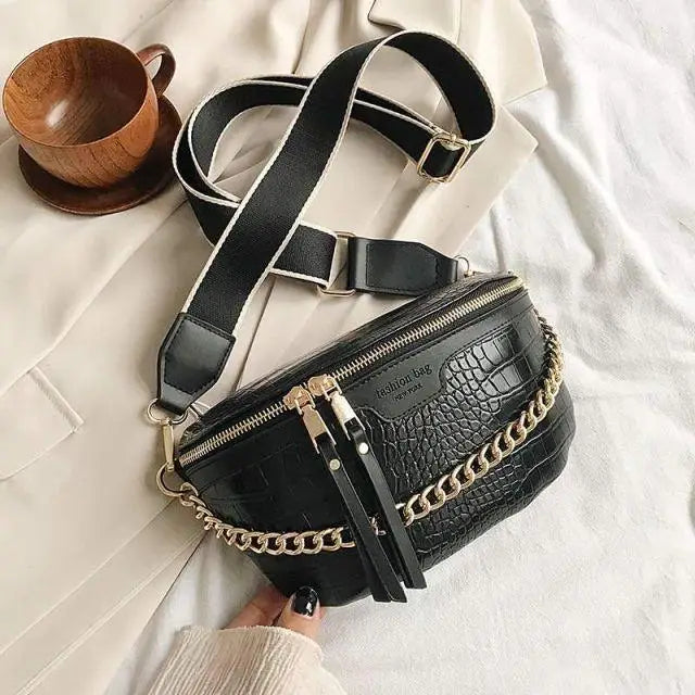 Retro Waist Bag PU Leather Fanny Pack Purse Leather with Gold Chain Strap Stylish New Design Waist Pack Women Belt Bag