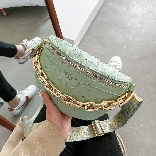 Retro Waist Bag PU Leather Fanny Pack Purse Leather with Gold Chain Strap Stylish New Design Waist Pack Women Belt Bag