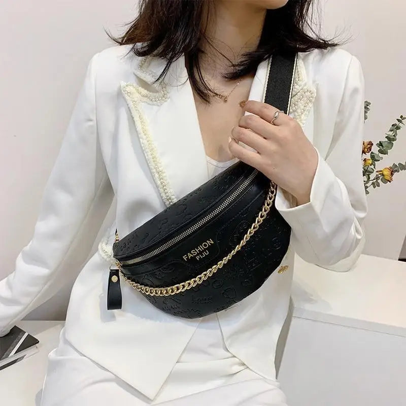 Retro Waist Bag PU Leather Fanny Pack Purse Leather with Gold Chain Strap Stylish New Design Waist Pack Women Belt Bag