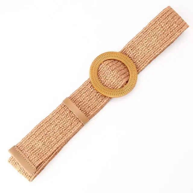 Round Women Waist Belt Classic Wooden Buckle Casual Style Buckle Simple Lightweight Waist Dress Band - STEVVEX Fashion - 702, belt, belt for women, belts, braided belt, casual belt, classic belt, elastic belt, elegant belt, fashion belt, new design belt, retro belt, round buckle belt, straw woven belt, stylish belt, trendy belt, vintage belt, wide strap belt, women belts, wooden buckle belt, wooden style belt, woven belt - Stevvex.com